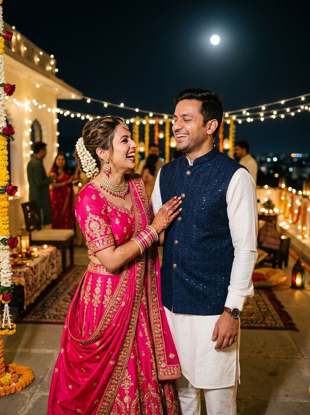 Candid Karwa Chauth couple laughing on a decorated rooftop terrace, AI photo
