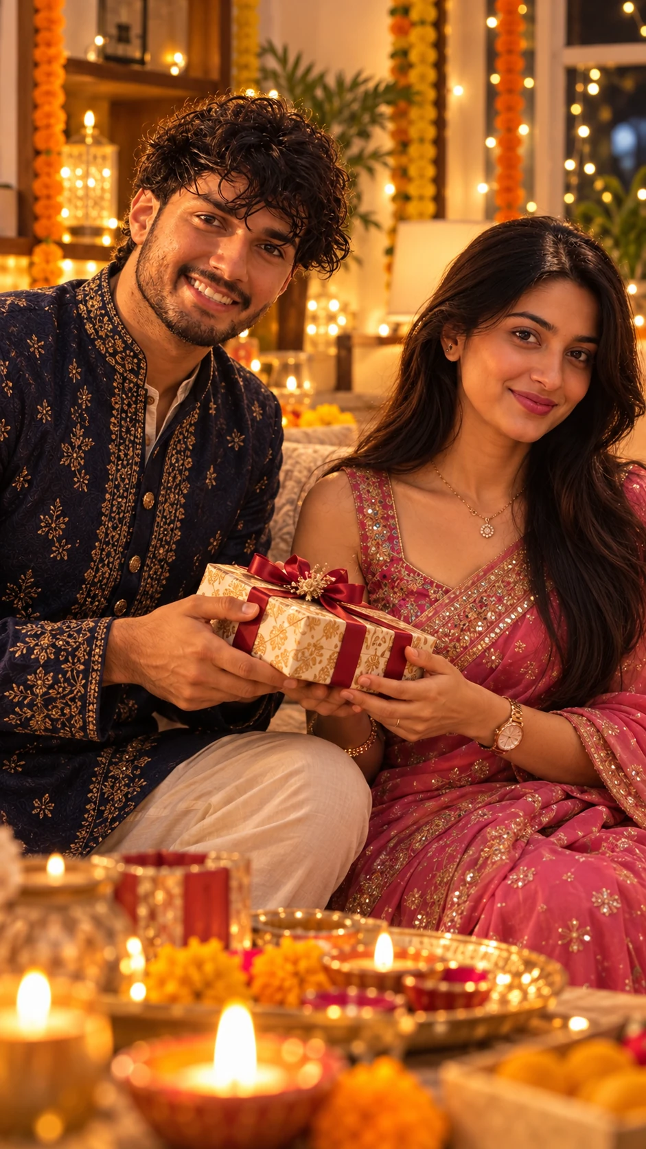 Diwali Gift Couple AI Photo Prompt (Sherwani & Saree)