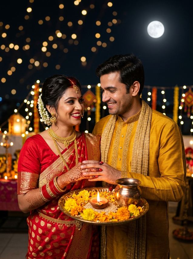 Karwa Chauth couple holding aarti thali with diya flame under full moon, AI photo
