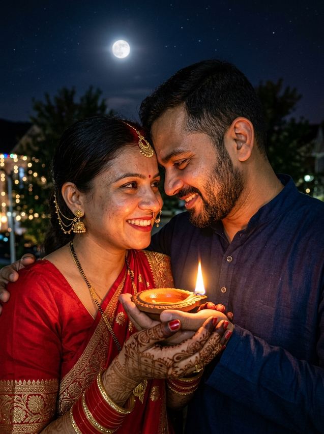 Close-up Karwa Chauth couple portrait with foreheads touching and cupped diya flame, AI photo