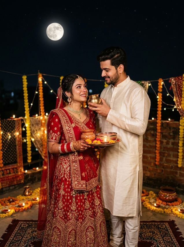 Karwa Chauth couple fast-breaking water ritual on a moonlit terrace, AI photo