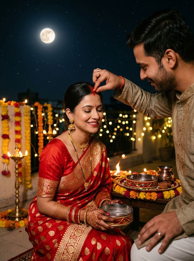 Karwa Chauth couple sindoor ritual on a moonlit terrace with diyas, AI photo