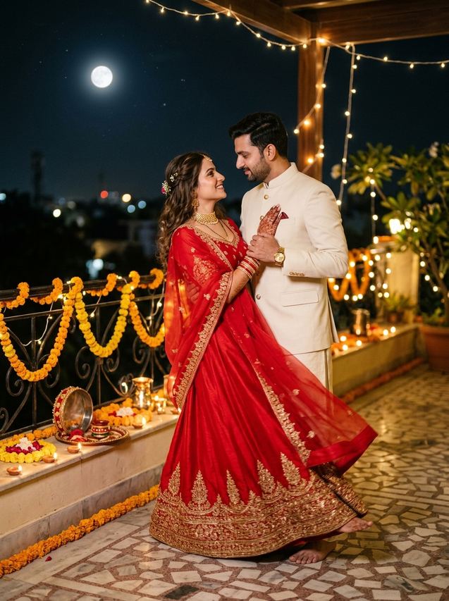 Karwa Chauth couple slow-dancing on a rooftop under fairy lights and full moon, AI photo