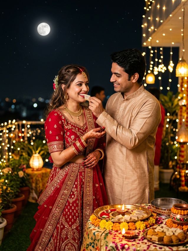 Karwa Chauth couple sweet-feeding moment with diya and thali on a terrace, AI photo