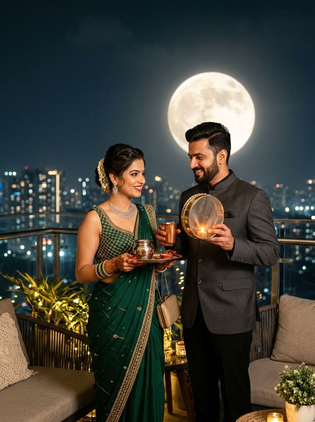 Modern Karwa Chauth couple portrait on a penthouse terrace with city skyline and full moon, AI photo