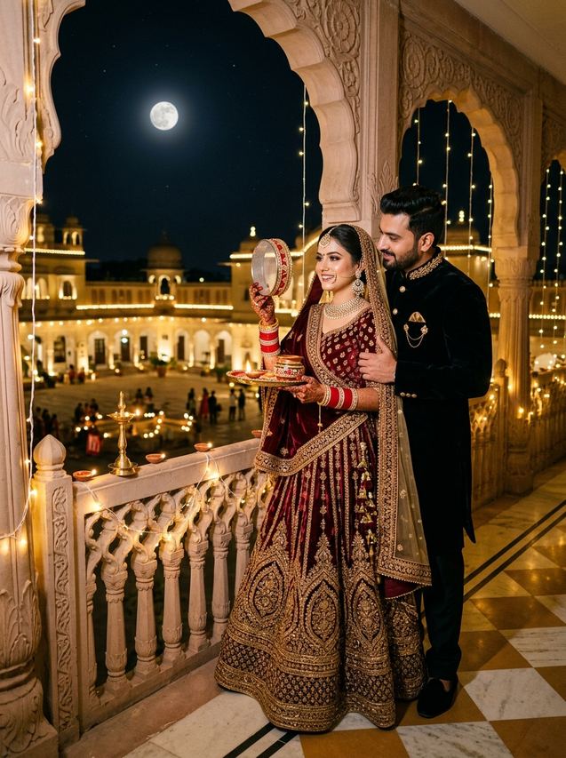 Newlywed Karwa Chauth couple balcony back-hug at a heritage haveli, AI photo