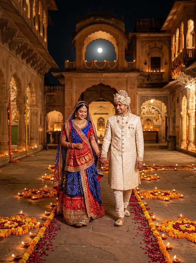 Royal Karwa Chauth couple walking through a palace courtyard with diya rangoli under full moon, AI photo