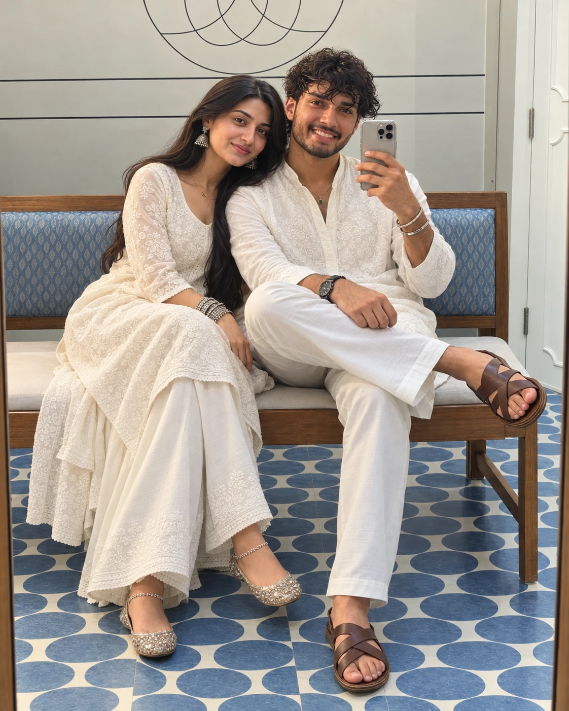 White Kurta Couple Mirror Selfie AI Photo Prompt (4:5)