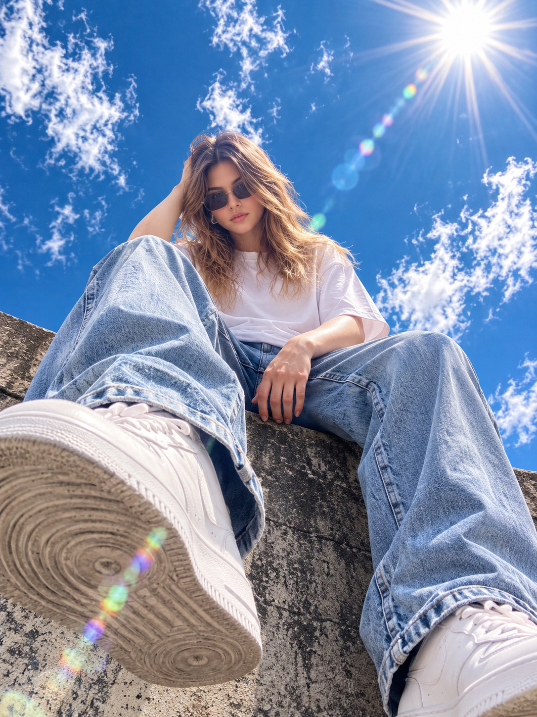 Blue Sky Streetwear Portrait Prompt (Low-Angle Sneaker Perspective)