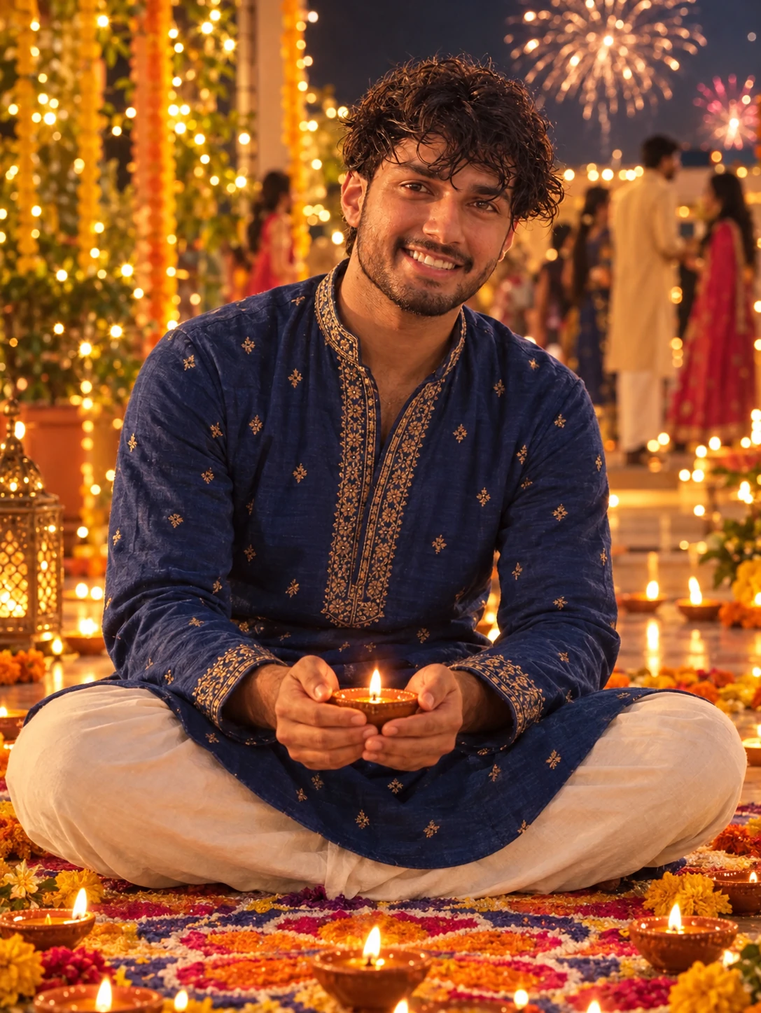 photo prompt — Boy Holding Diya on Rangoli Diwali AI Photo Prompt