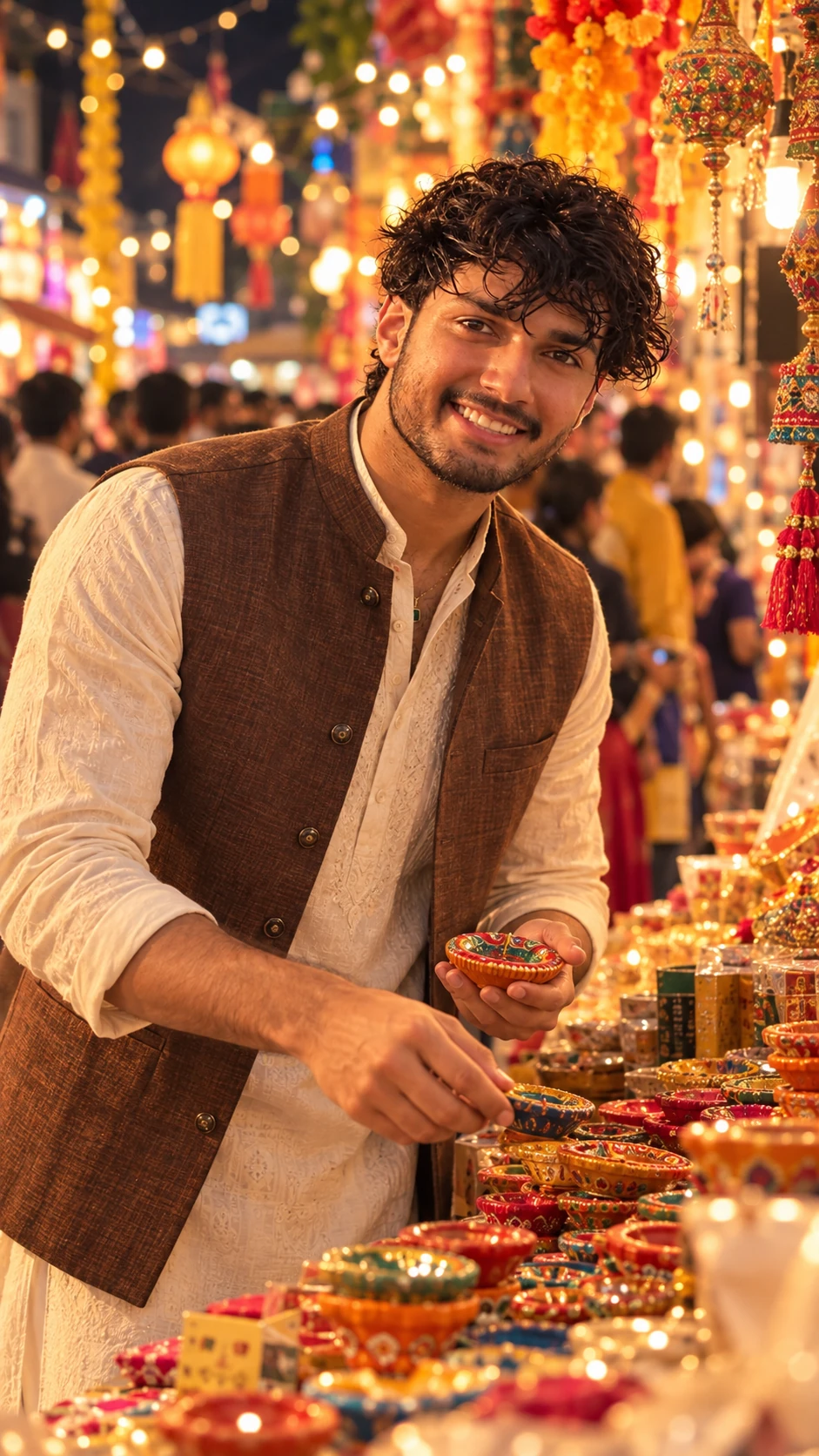 Cream Kurta & Jacket Diwali Street Market AI Photo Prompt (Boys)