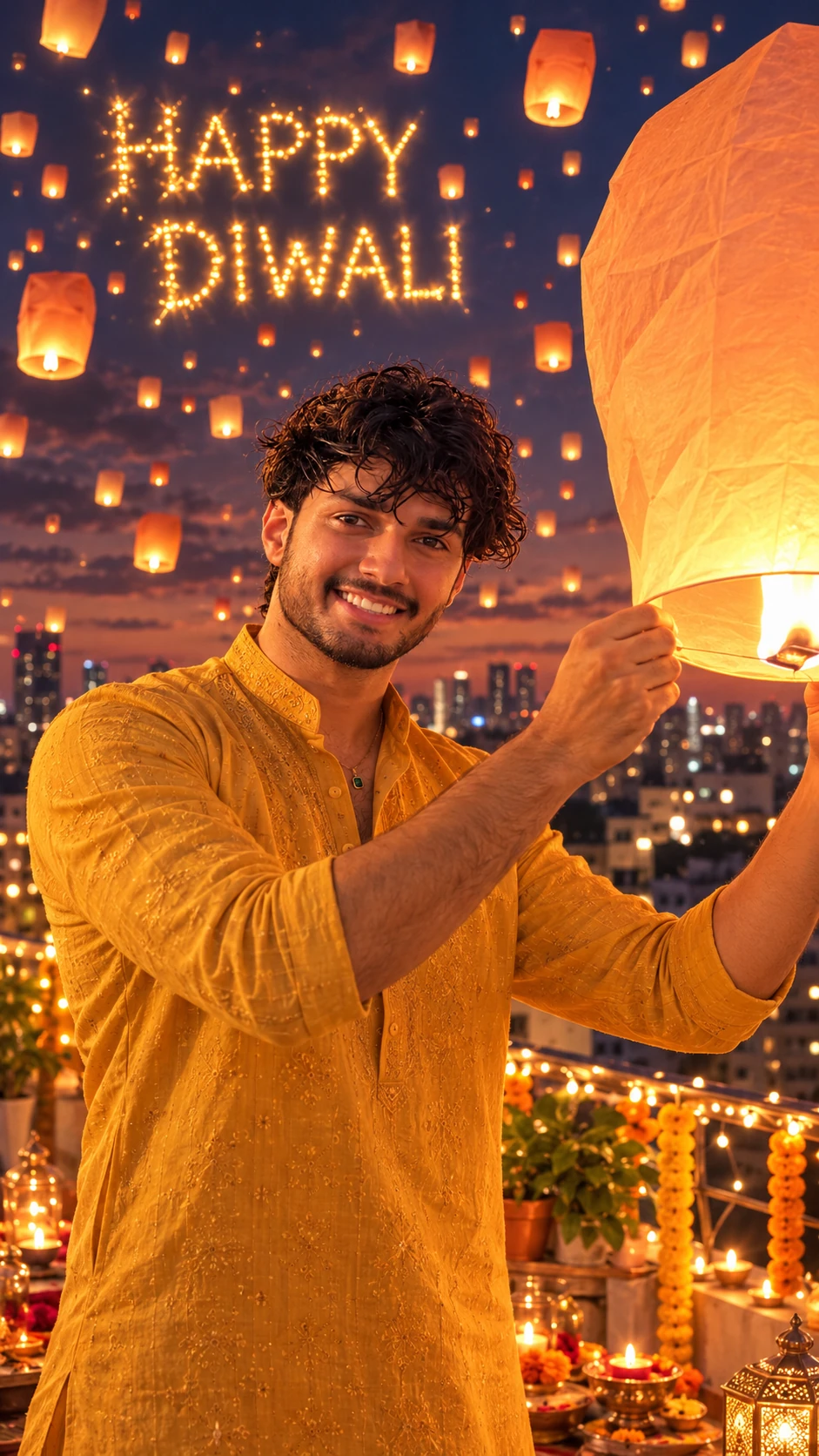 Happy Diwali Sky Lantern AI Photo Prompt for Boys
