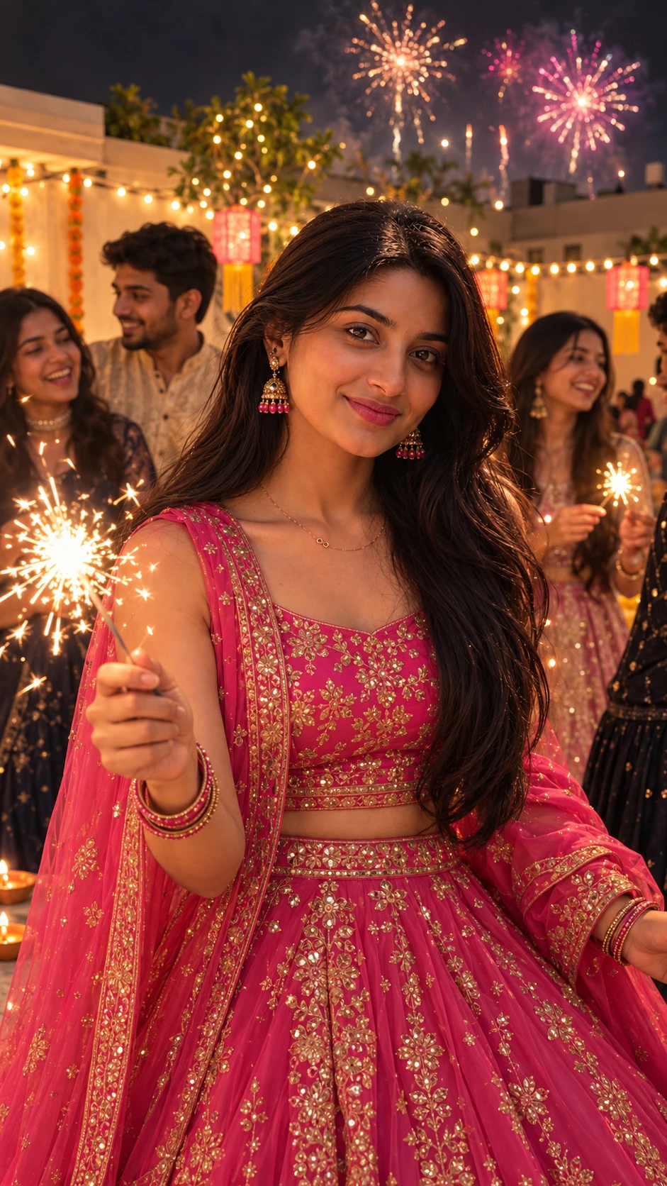Pink Lehenga Diwali Sparkler AI Photo Prompt (Ultra-Realistic 9:16)