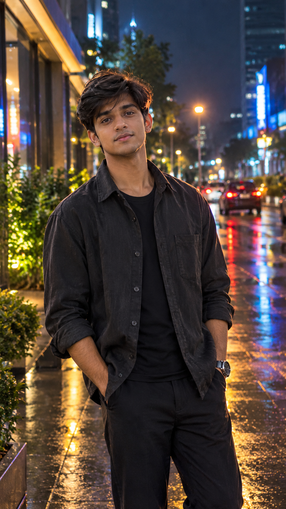 Rainy Night Luxury Street Portrait (Cinematic Neon) AI Prompt