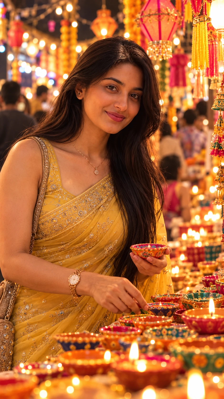 Yellow Saree Diwali Market AI Photo Prompt (Girls)