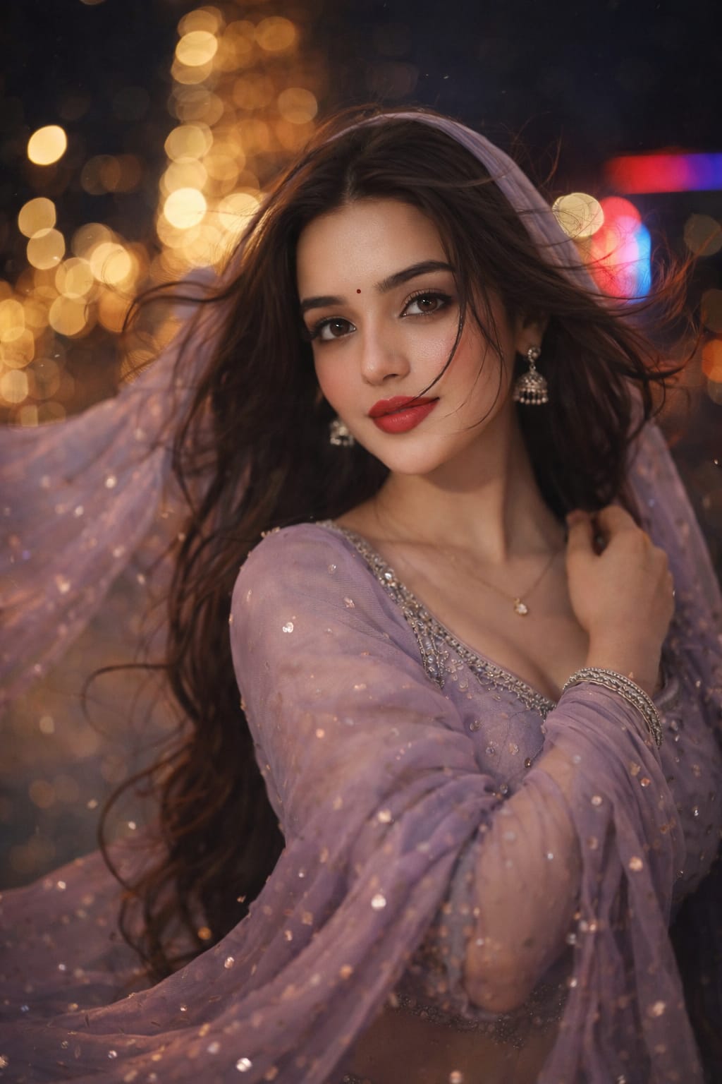 Cinematic night photo editing prompt result - woman in a lavender sequin chiffon lehenga and dupatta with jhumka earrings, long wavy hair in the wind against golden bokeh and neon night lights