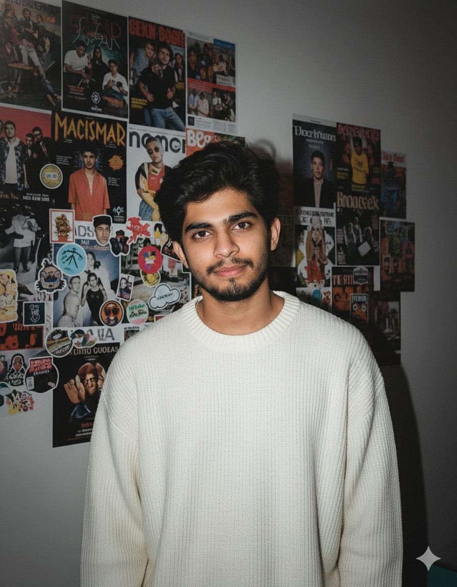 Aesthetic photo editing prompt for boys - young man in a cream oversized knit sweater standing against a bedroom wall covered in magazine posters and stickers, 90s flash lighting