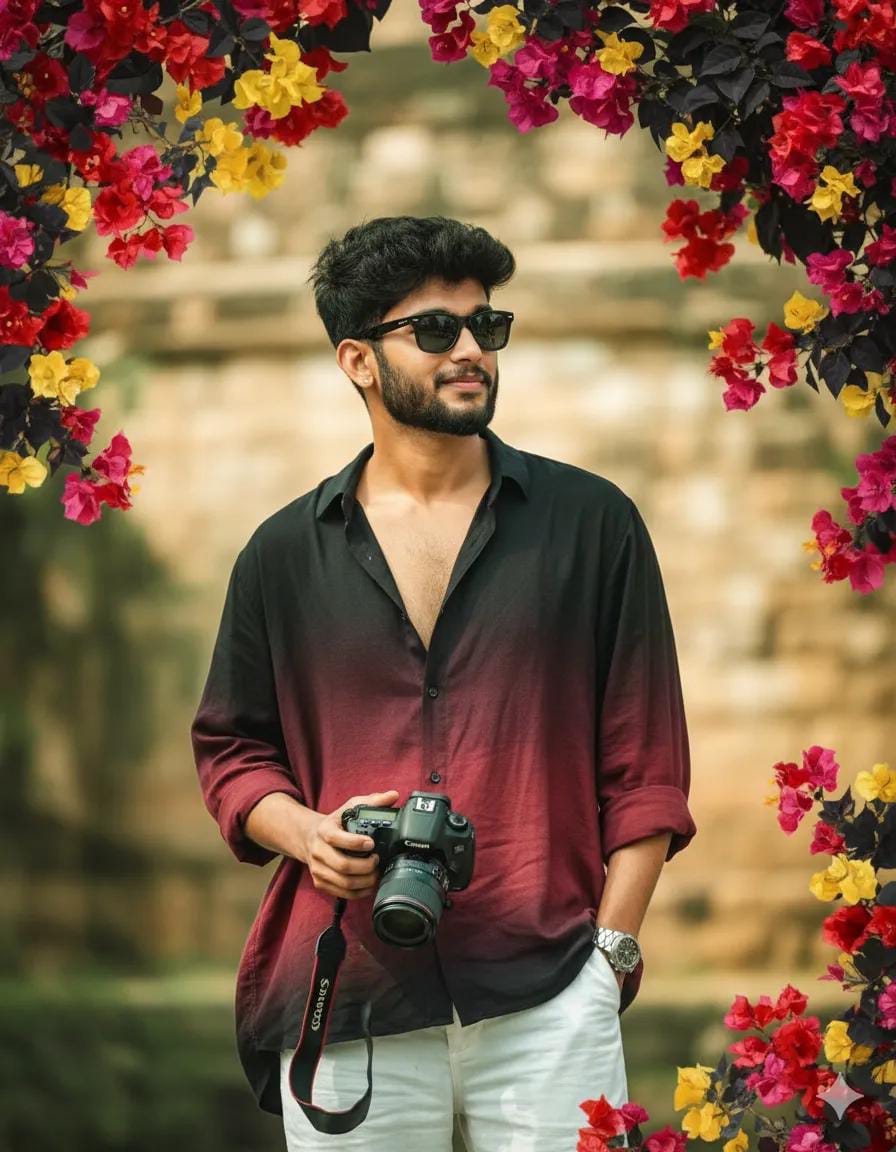 Cinematic aesthetic prompt for boys - young man in a black and maroon gradient shirt and white pants holding a Canon DSLR, framed by red pink and yellow bougainvillea flowers