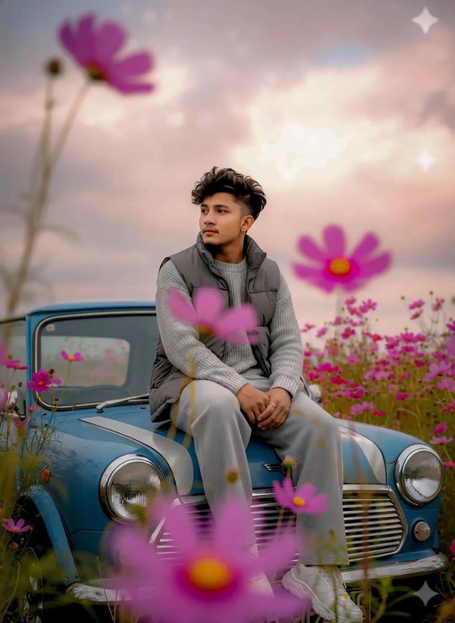 Aesthetic boys photo prompt - young man in a grey puffer vest and joggers sitting on the bonnet of a faded blue Mini Cooper in a field of pink cosmos flowers at sunset