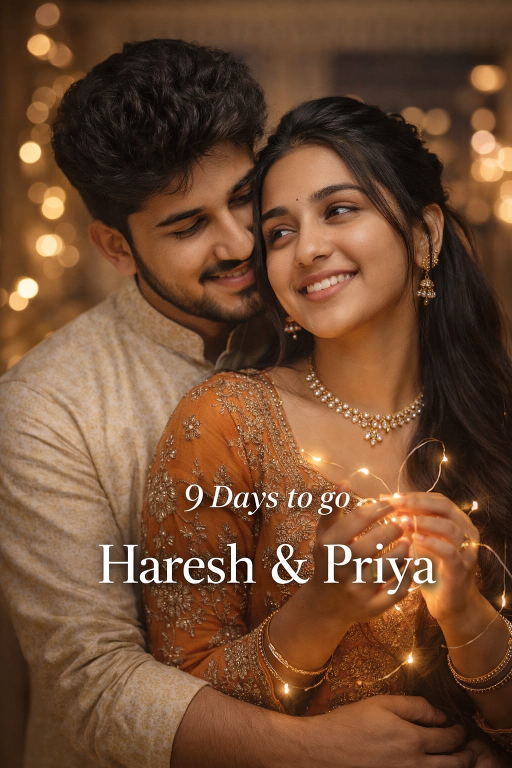 Pre wedding photography prompt - couple in ethnic wear holding glowing fairy lights, the woman in an orange embroidered outfit, with 9 Days to go text