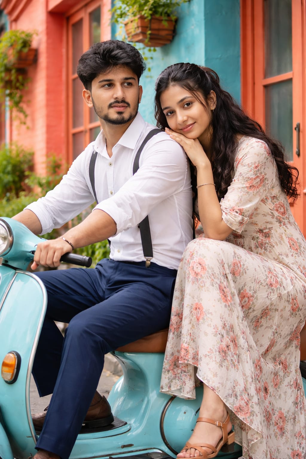 Pre wedding photoshoot prompt - couple on a vintage turquoise scooter against a teal wall with coral doors, the man in suspenders and the woman in a floral dress
