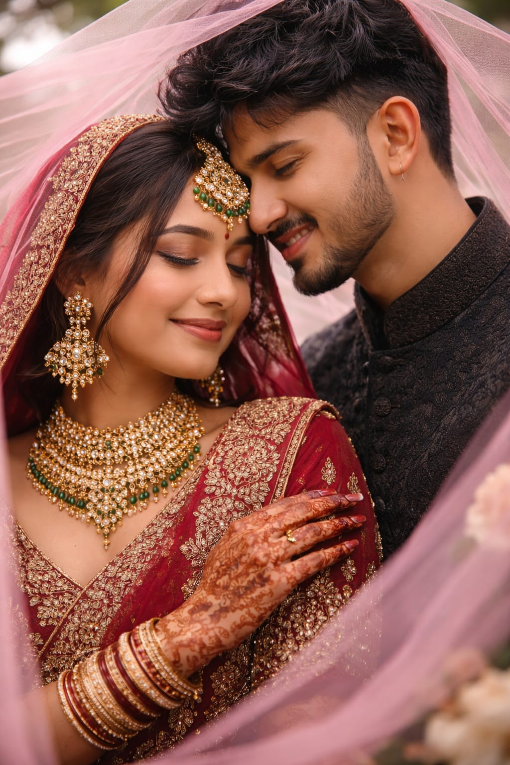 Wedding photography prompt for ChatGPT - bride in a red embroidered lehenga with kundan jewellery and mehndi hands resting on the groom in a dark sherwani under a pink dupatta