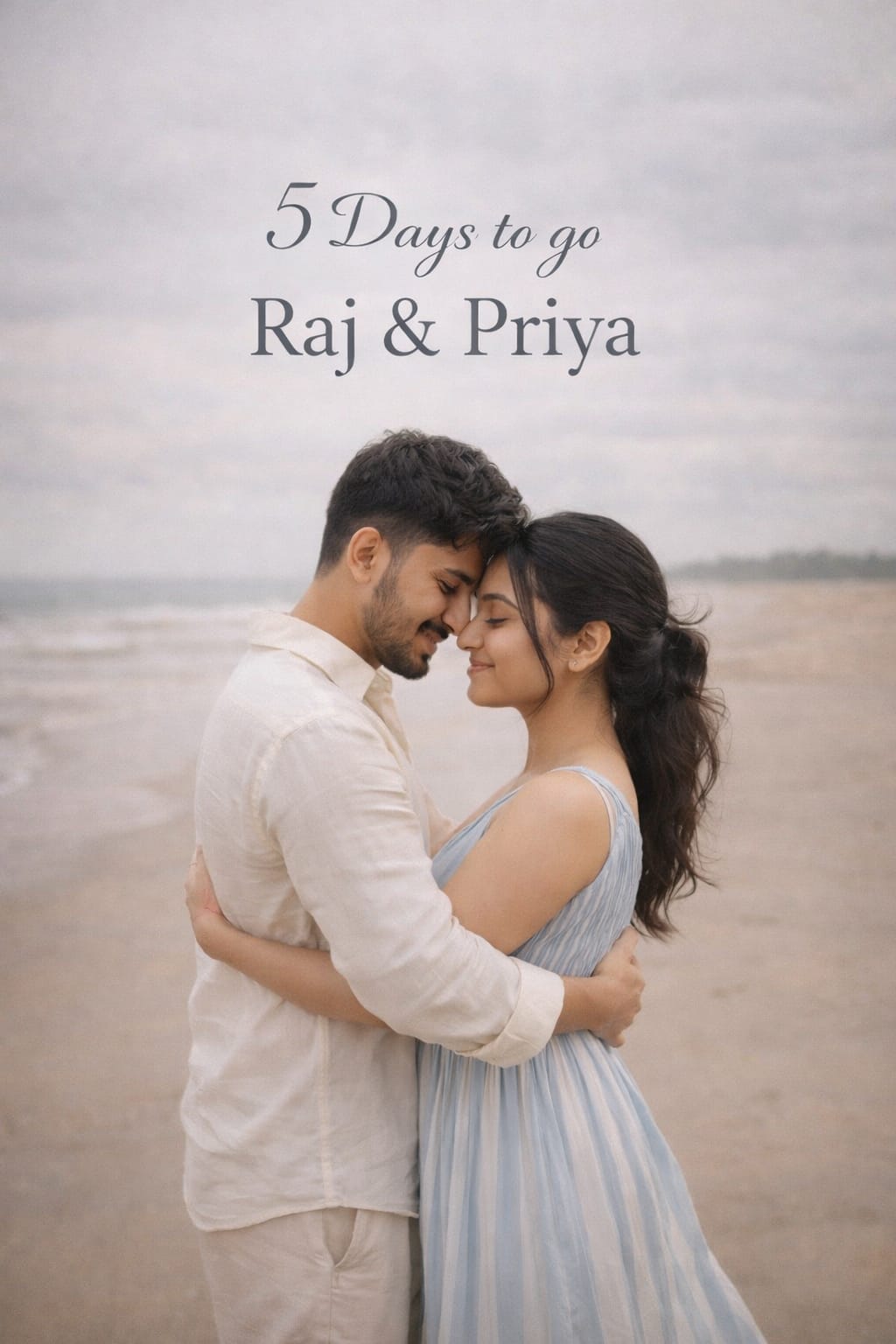 Pre wedding countdown prompt - couple in a forehead touch embrace on an empty beach, the woman in a pale blue dress, with 5 Days to go text
