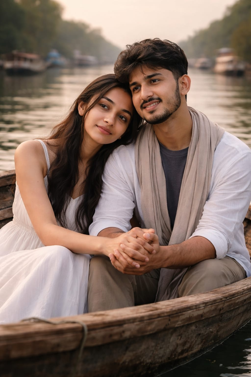 AI pre wedding photo prompt - couple sitting close together in a wooden boat on a misty river at dawn, both in white outfits, hands clasped