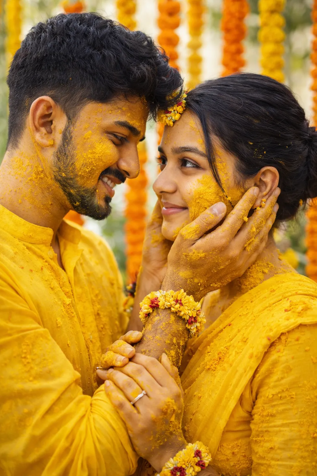 Haldi ceremony photo editing prompt - couple in yellow outfits covered in turmeric, the man holding her face, with marigold garlands in the background