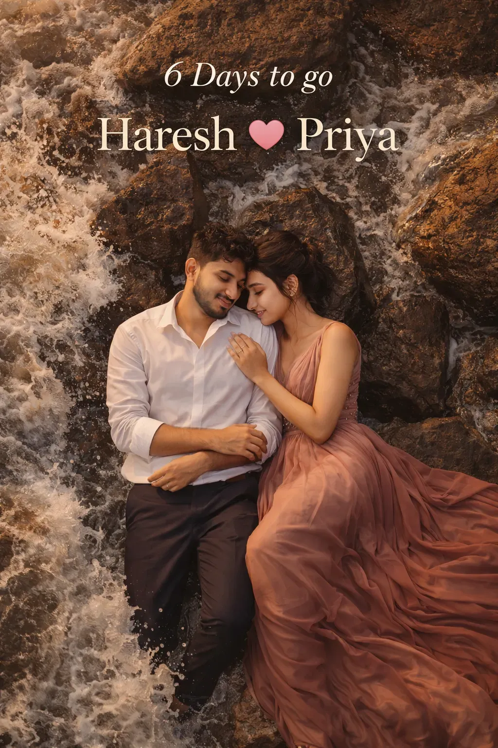 Pre wedding countdown prompt - aerial drone view of a couple lying on wet beach rocks, the woman in a dusty pink gown, with 6 Days to go text above