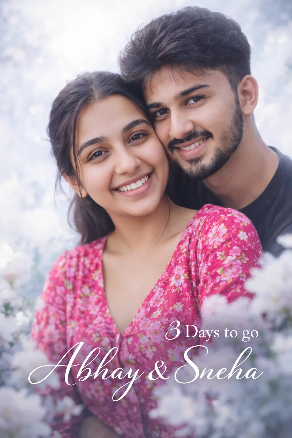 Pre wedding prompt for ChatGPT - close up of a smiling couple among soft white flowers, the woman in a pink floral dress, with 3 Days to go text