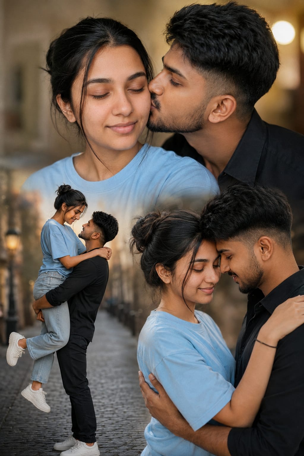 Pre wedding photo editing prompt - three pose romantic collage of a couple on a cobblestone street, cheek kiss, the man lifting her in his arms and a forehead touch