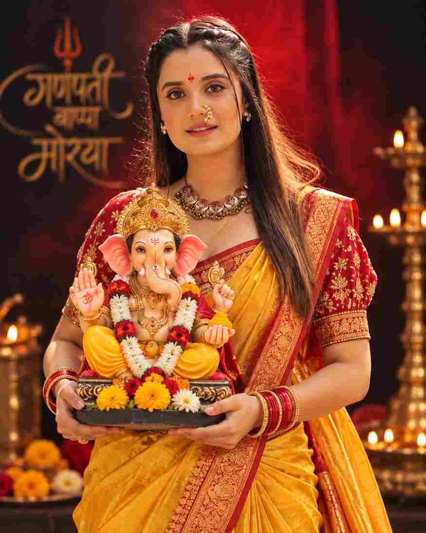 Ganpati Bappa AI photo prompt for girls — woman in yellow Nauvari saree holding Ganesha idol