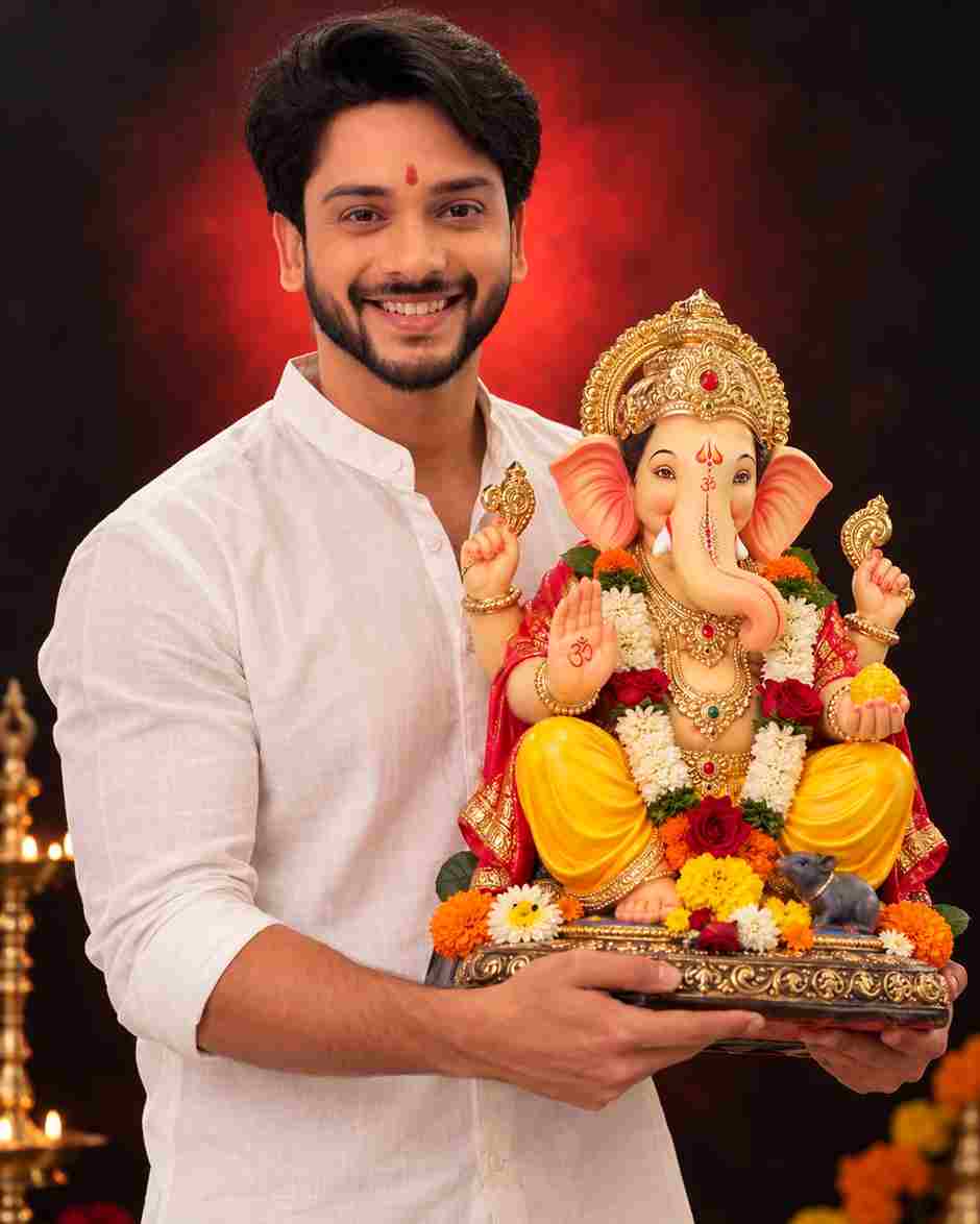 Ganpati Bappa AI photo prompt for boys — man in white shirt holding Ganesha idol with red tilak