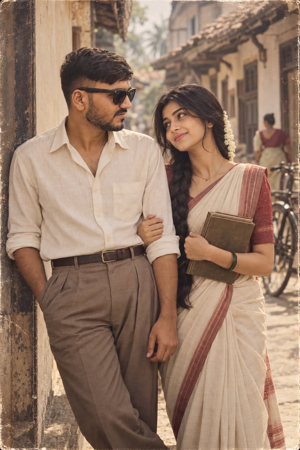 1980s AI photo prompt for couples - vintage retro couple in saree and formal shirt