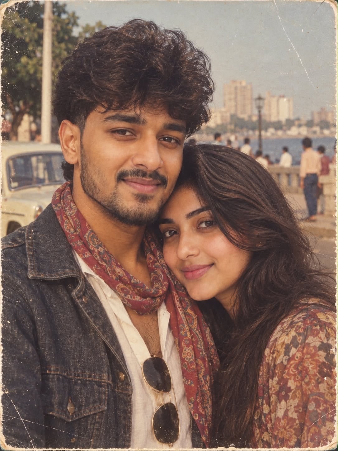 1980s AI photo prompt for couples - retro Mumbai Marine Drive couple photo