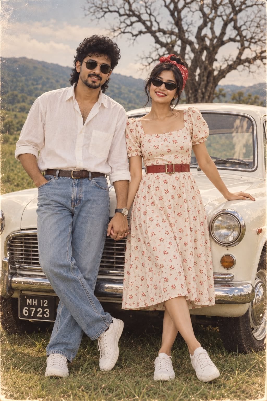 1980s AI photo prompt for couples - retro couple pose with vintage Ambassador car