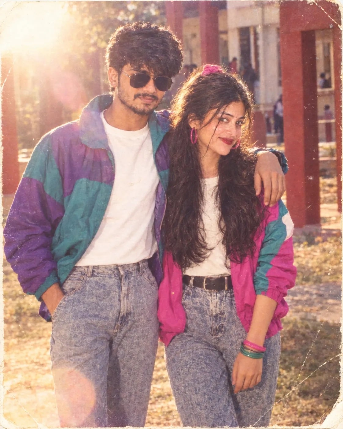 1980s AI photo prompt for couples - retro windcheater jacket college look