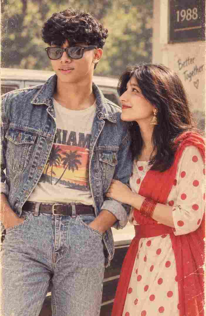 1980s AI photo prompt for couples - retro denim and polka dot couple look