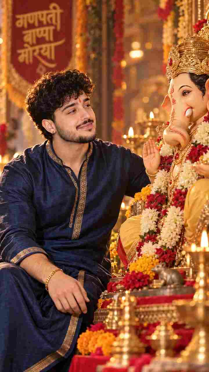 Ganesh Chaturthi AI photo prompt for boys — man in navy blue kurta touching Ganpati Bappa idol