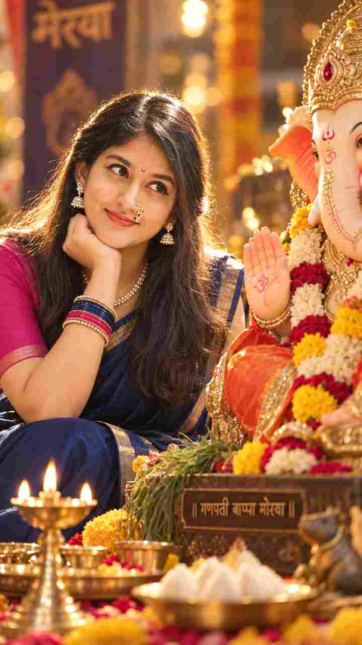 Ganesh Chaturthi AI photo prompt for girls — woman in navy blue saree sitting beside Ganpati Bappa idol