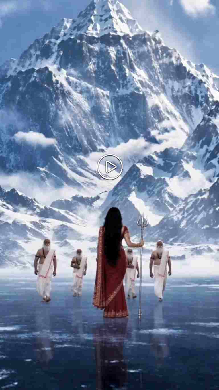Maa Parvati AI video prompt scene - woman in red saree holding a trishul walking towards snowy Himalayan peaks with sages on frozen ice